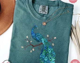 Mahjong Bird on Tile Branch T-Shirt, Blue Mahjong Shirt, Mahjong Friend Gift, Girls Night Game, Mahjong Love, Mahjong Bird Shirt