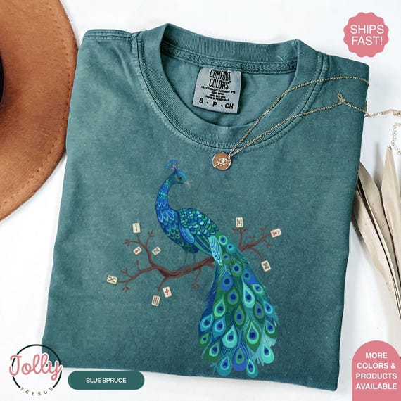 Mahjong Bird on Tile Branch T-Shirt, Blue Mahjong Shirt, Mahjong Friend Gift, Girls Night Game, Mahjong Love, Mahjong Bird Shirt