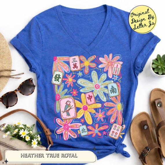 Floral Mahjong VNeck Shirt, Boho Spring Tile Tee, Hidden Crack Dot Bam Shirt, Daisy Mahjong Tee, Mahjong Ladies Gift, Girls Game Night Shirt