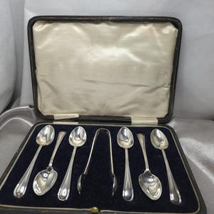 Silver-plated teaspoon box set, vintage silverware tea service, EPNS, made by W.H.& S. William Hutton and Sons.