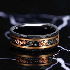 Meteorite with Rose Gold Leaf Men 8mm Hammered Tungsten Ring, Real Meteorite Unique Ring, Black Men Ring, Anniversary Ring, Gift For His