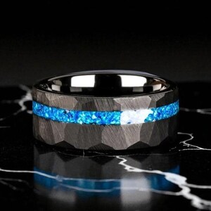Black Hammered Tungsten Ring: Blue Opal Inlay, Comfort Fit 8mm Wedding Band