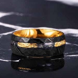 Gold Damascus With Gold leaf & Meteorite Ring, Black Damascus and Hammered Ring, Gold Leaf Wedding Ring, Men Gold Ring, Men Promise Ring