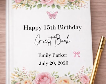 15th birthday guest book floral, 15th birthday party guest book, Happy 15th birthday guest book, 15th birthday guest book sign