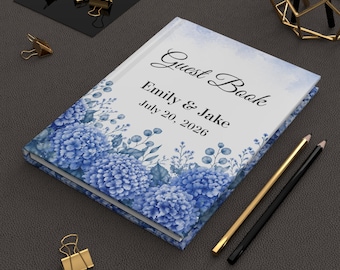 Blue floral wedding guest book blank lined, Wedding guest book blue flowers, Blue floral guest book, Traditional guest book