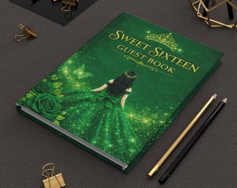 Sweet 16 guest book blank lined, Sweet 16 guest sign book, Sweet 16 guestbook, Quinceanera guest book emerald green, Sweet 16 signature book