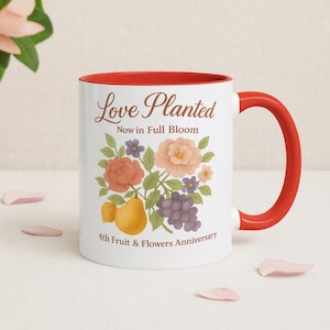 Fourth year wedding anniversary gift, 4th anniversary mug, Fruit flowers 4th anniversary gift, 4 year together presents, 4th anniversary cup