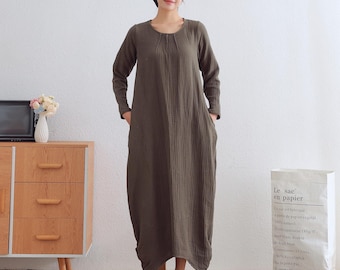 Winter Thicker Muslin Dress Three-Layer Soft Heavier Cotton Fall Warm Homewear Hooded Long Sleeve Midi Dress Outwear Customized Plus Garment
