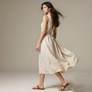 white summer dress with brown belt Flowy A Line V Neck Polka dot VM short puff sleeves Pant Size:32