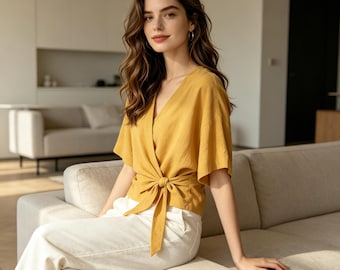 Top da donna personalizzabile in puro lino con allacciatura sul davanti - Scollo a V, maniche corte, blusa casual traspirante