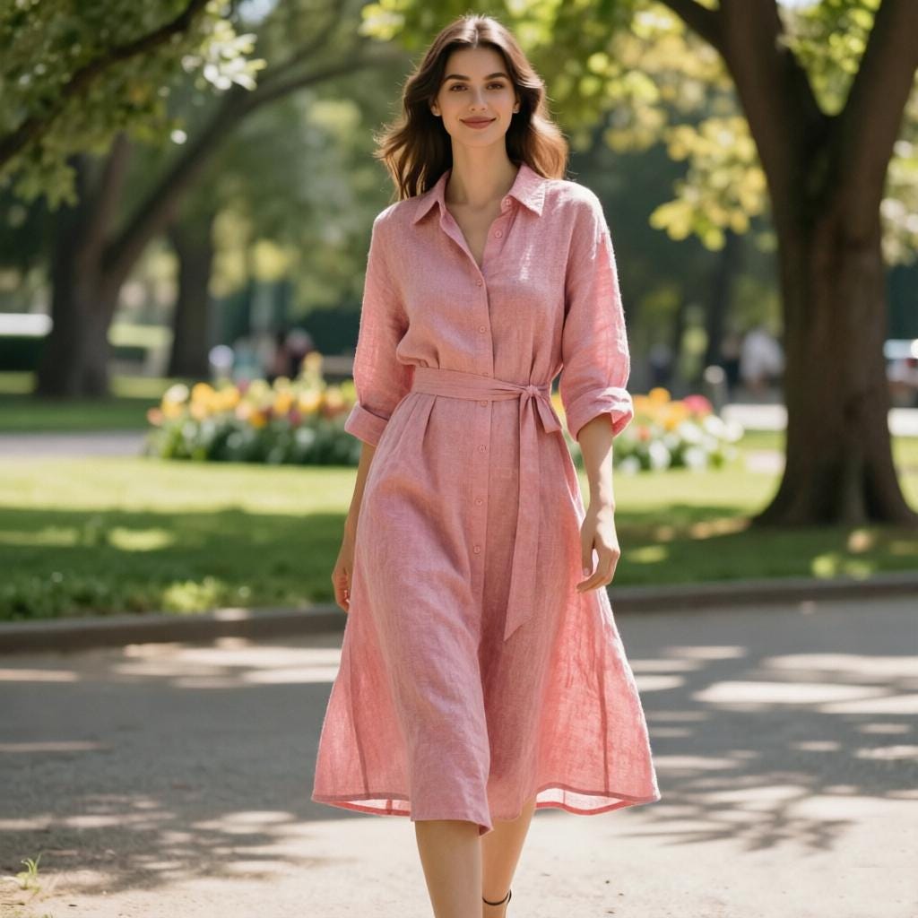 Women's Pure Linen Shirt Dress Long Sleeve Button Down Midi Dress With ...