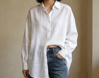 Customizable Women's Pure Linen Shirt, Classic Collar, Long Sleeve, Oversized, Breathable Casual Top