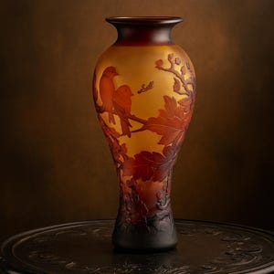 May include: An amber-colored art glass vase with a dark brown rim and base. The vase features an etched design of two birds perched on a branch, with leaves and the signature "Sats" visible. The vase is displayed on a dark, ornate table.