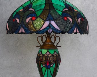 Vintage Tiffany-Style Stained Glass Table Lamp with Illuminated Base - 60x41cm Art Deco Lighting Unique Vintage Gift