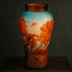 May include: A tall, decorative vase with a wide base and a narrow neck. The vase features a painted design of orange sunflowers and foliage against a light blue and cream background. The top of the vase is brown. The word "Seitz" is written on the vase.