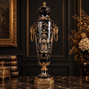 May include: A tall black ceramic urn with a lid, featuring intricate floral patterns in gold, pink, and blue. The vessel includes ornate gold-toned metal handles shaped like lion heads with rings and a decorative gold base and finial.