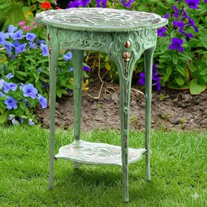 Mesa de jardín rústica ovalada de metal - Mueble auxiliar estilo antiguo Shabby Chic en verde, regalo para él, regalo para ella