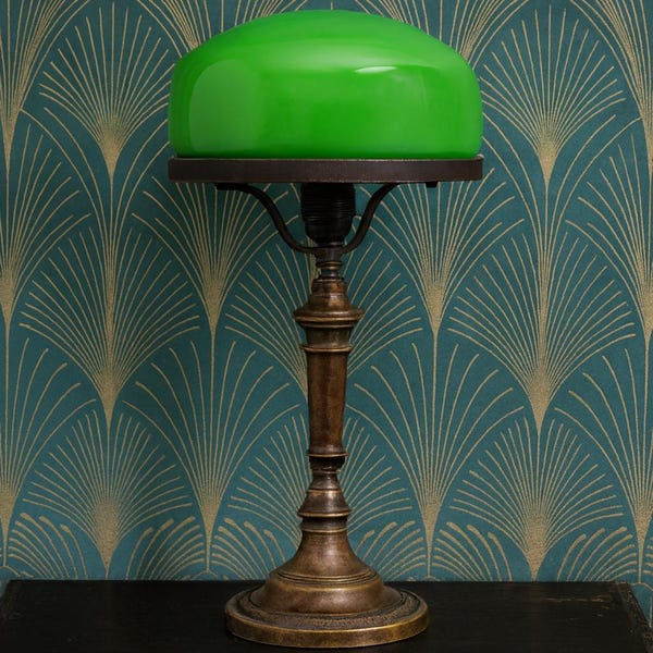 Vintage Art Deco Table Lamp - Green Glass Shade Brass Base Mid Century Modern Lighting Antique Style Desktop Accent Light