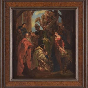 May include: An oil painting in a dark wood frame depicts a religious scene. Figures in robes surround a woman holding a baby. Camels and other figures are in the background. The painting has a warm color palette with reds, greens, and browns.