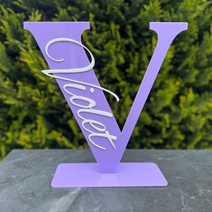 May include: A lilac-coloured, freestanding letter "V" with the name "Violet" in white script. The letter is mounted on a rectangular base. The background is a blurred green bush.