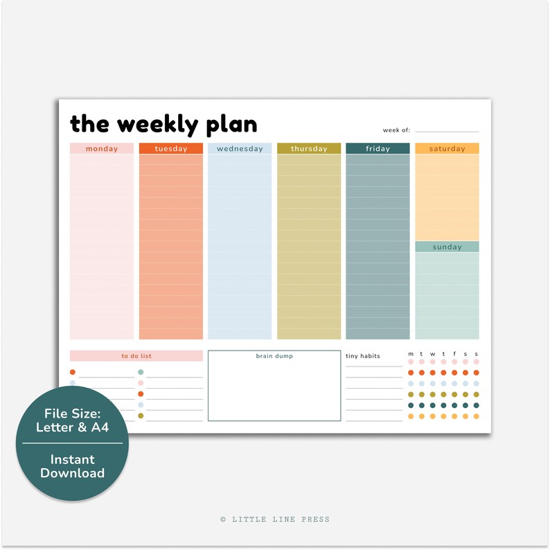 Puede incluir: Un planificador semanal con un dise&ntilde;o minimalista. La parte superior del planificador dice "the weekly plan" en negro. Los d&iacute;as de la semana se enumeran en la parte superior en varios colores. El planificador incluye secciones para listas de tareas, un "brain dump" y peque&ntilde;os h&aacute;bitos.