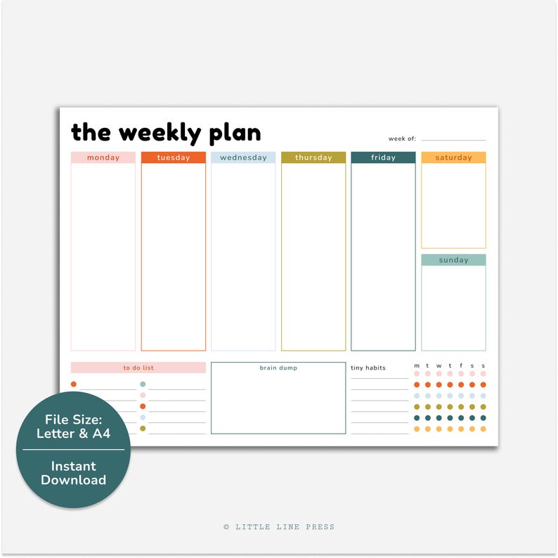 K&ouml;nnte beinhalten: Ein wei&szlig;er Wochenplaner mit Abschnitten f&uuml;r jeden Wochentag, von Montag bis Sonntag. Der Planer enth&auml;lt Abschnitte f&uuml;r eine To-Do-Liste, Brainstorming und kleine Gewohnheiten. Der Text "the weekly plan" steht oben.