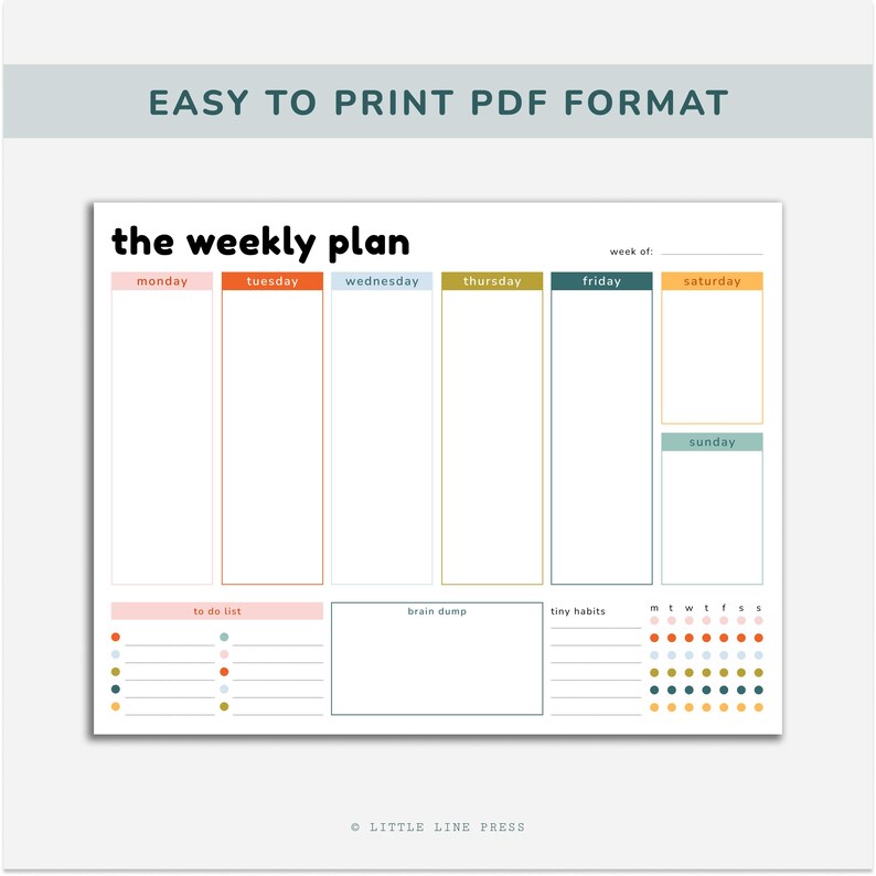 K&ouml;nnte beinhalten: Ein wei&szlig;er Wochenplaner mit dem Text "the weekly plan" in Schwarz. Die Wochentage sind farblich in Rosa, Orange, Blau, Gelb, Gr&uuml;n und Orange codiert. Enth&auml;lt Abschnitte f&uuml;r To-Do-Listen, ein Brain Dump und kleine Gewohnheiten.