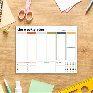 K&ouml;nnte beinhalten: Ein wei&szlig;er Wochenplaner mit dem Text "the weekly plan" oben. Der Planer hat Abschnitte f&uuml;r jeden Wochentag, eine To-Do-Liste, einen Brainstorming-Bereich und einen Bereich f&uuml;r kleine Gewohnheiten. Eine rosa Schere und ein gelbes Lineal sind ebenfalls sichtbar.