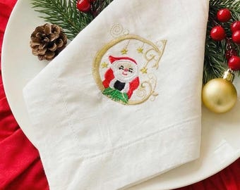 Christmas Napkins Embroidered Linen Monogram Alphabet Holiday Dinner Table Decor
