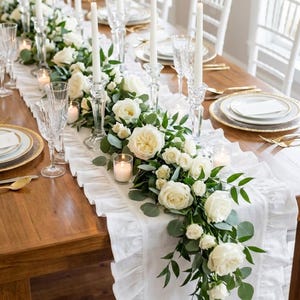 White Ruffled Linen Table Runner, French Country Wedding Decor