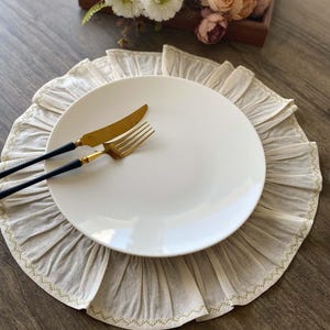 Hard Base Ruffle Mat Ruffled Round Placemat Cream Linen Farmhouse, Single Ruffle Edge Table ...