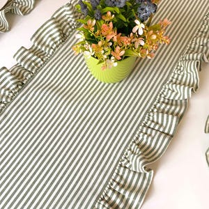 Easter table runner in fresh green stripes, seasonal dining decor perfect for spring gatherings and holiday entertaining.