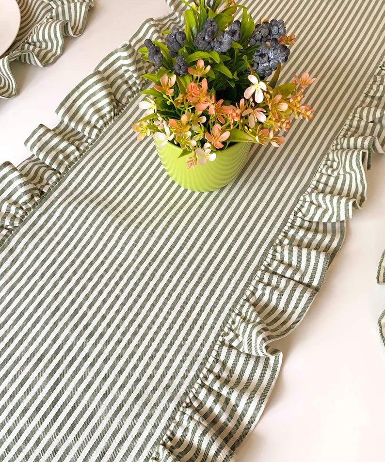 Easter table runner in fresh green stripes, seasonal dining decor perfect for spring gatherings and holiday entertaining.