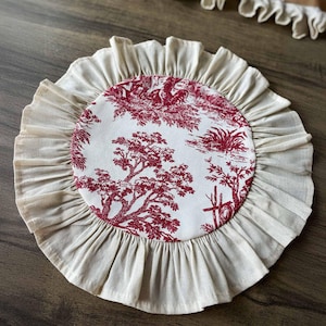 Round Placemats Linen Toile Washable Scalloped Wedding Dining Farmhouse Handmade Organic Set