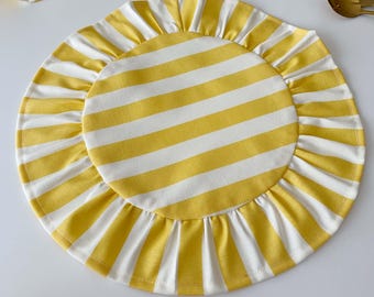 Handmade Round Yellow Striped Placemat, Ruffled Linen Cotton