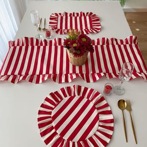 Red Striped Table Runner with Ruffles, Custom Linen Cotton Farmhouse Dining Room Decor, Washable Kitchen Linens