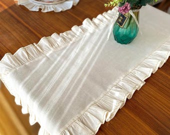 Ruffled Linen Table Runner, Wedding Tablecloth, Embroidered Edge
