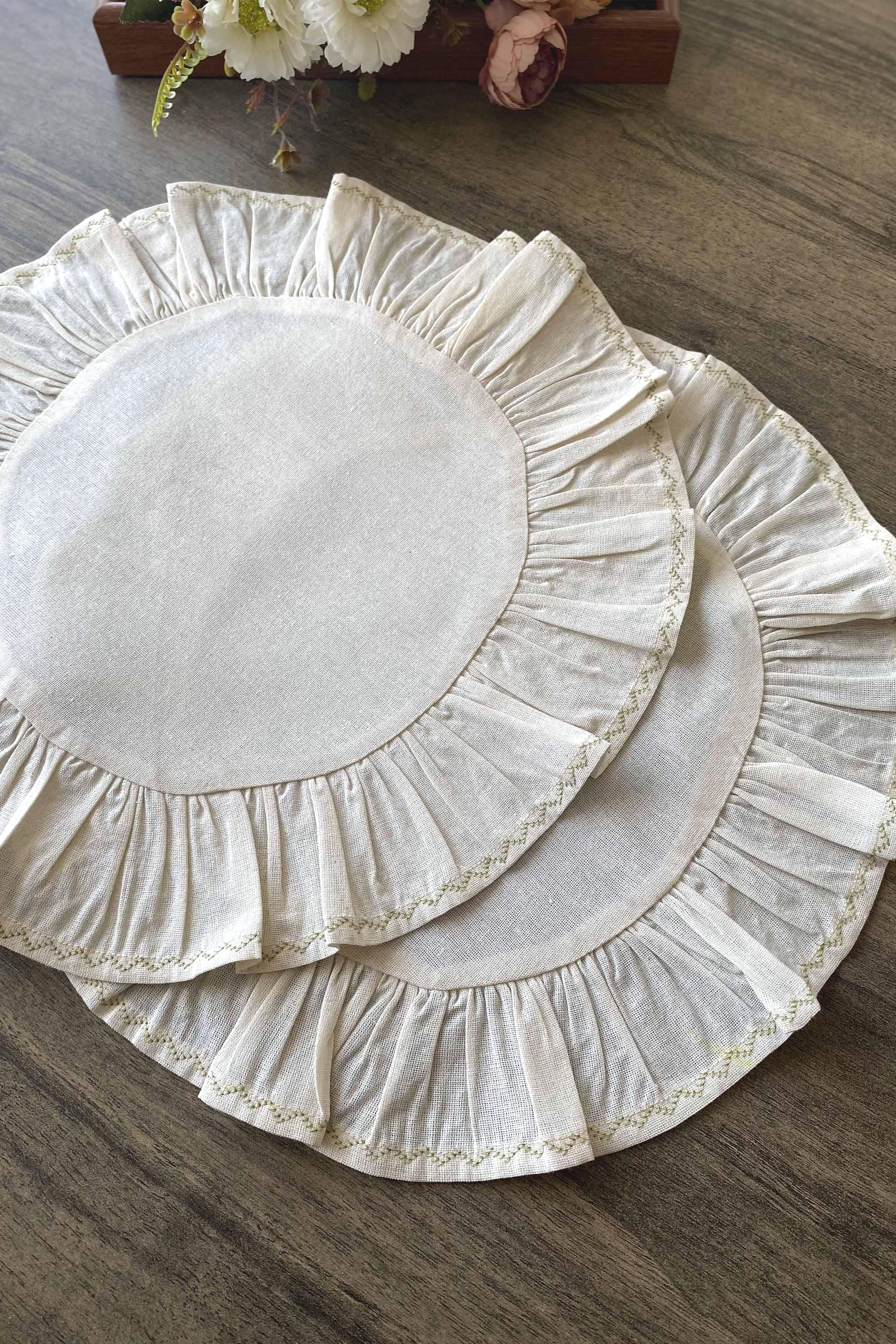 Hard Base Ruffle Mat Ruffled Round Placemat Cream Linen Farmhouse, Single Ruffle Edge Table ...