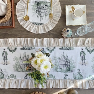 Toile Table Runner Custom French Ruffled - Wedding Tablecloth Personalized Ruffle Edge, Spring Linen Table Decor Event Party
