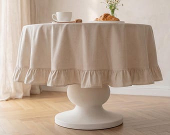 Nappe ronde à volants beige, lin lavé, taille personnalisée, mariage champêtre français, salle à manger de printemps