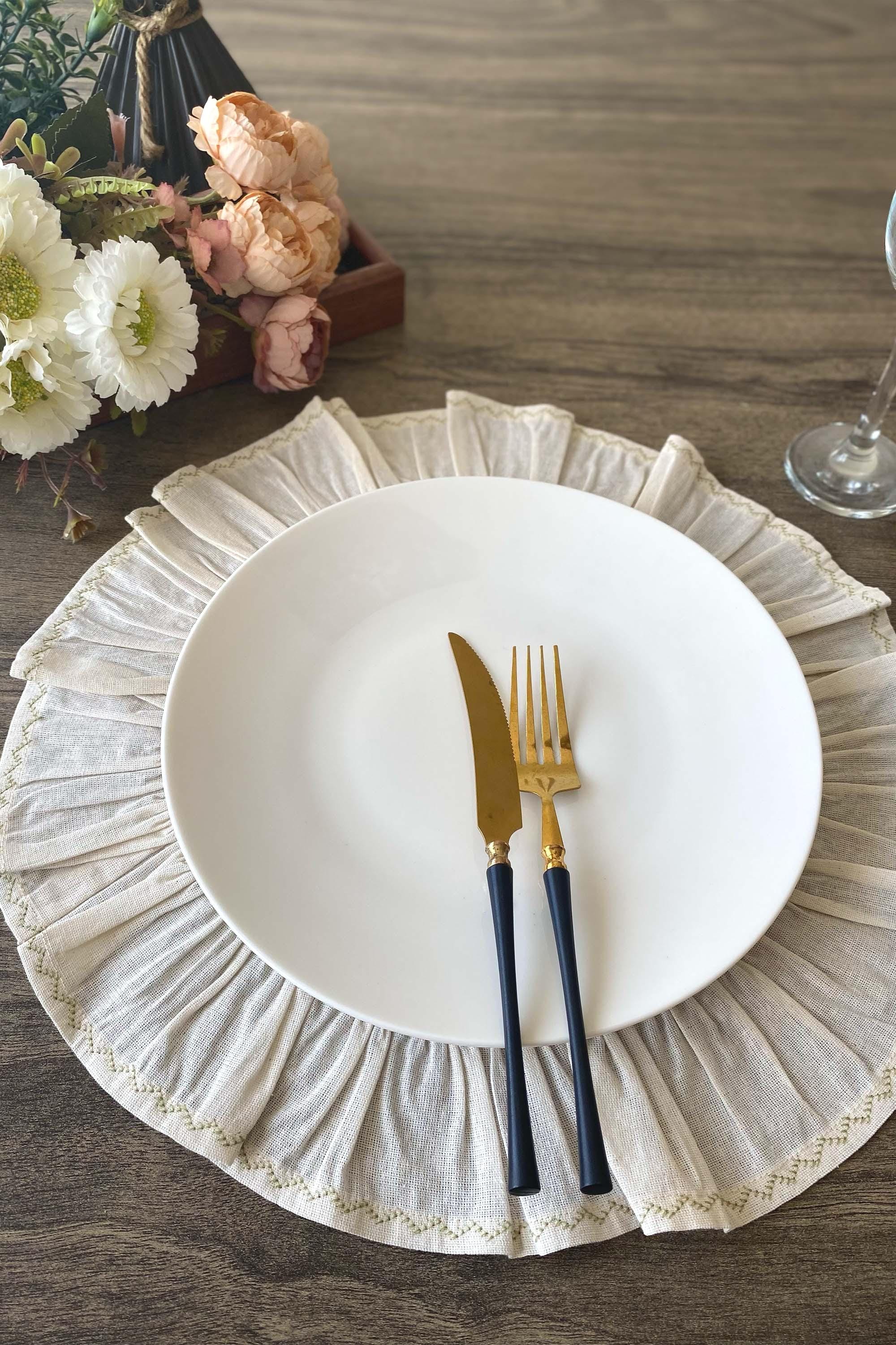 Hard Base Ruffle Mat Ruffled Round Placemat Cream Linen Farmhouse, Single Ruffle Edge Table ...