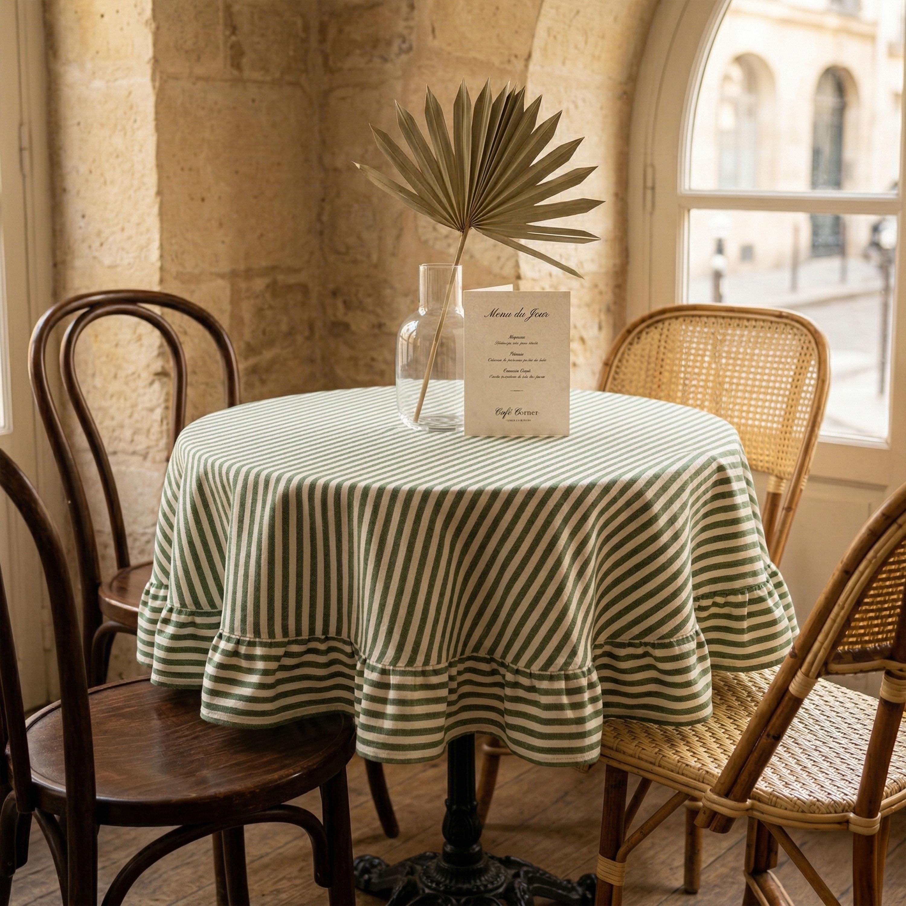 Circle Ruffle Tablecloth Green Striped Round Tablecloth, Ruffle Linen Cotton Table Cover, Custom ...