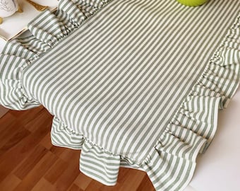 Green Striped Table Runner Ruffled, Custom Table Runner, Spring Wedding Runner, French Tablecloth, Farmhouse Dining Room Linens