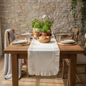 Rustic farmhouse table runner, natural linen with herb garden centerpiece for country cottage style