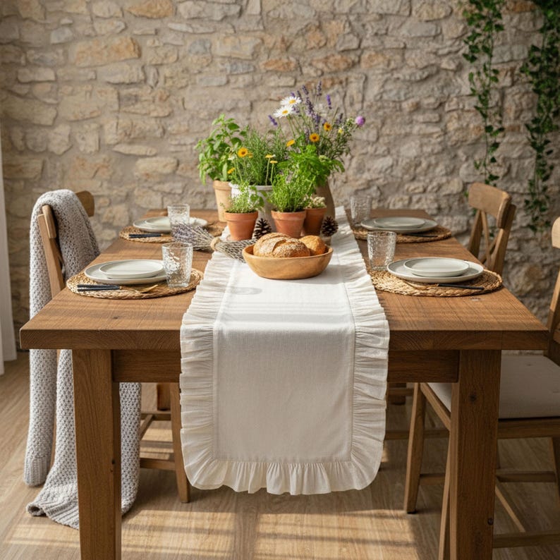 Rustic farmhouse table runner, natural linen with herb garden centerpiece for country cottage style