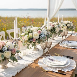 Beach wedding table runner outdoor setup, romantic white ruffled linens for coastal ceremonies