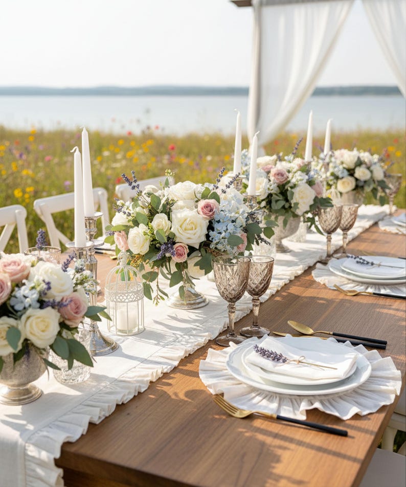 Beach wedding table runner outdoor setup, romantic white ruffled linens for coastal ceremonies