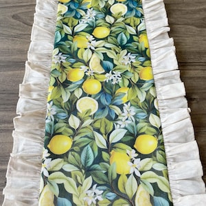 Custom Lemon Table Runner Ruffle Italian Kitchen Decor - Spring Summer Dining, Mediterranean Farmhouse Gift, Waterproof Linen Runner