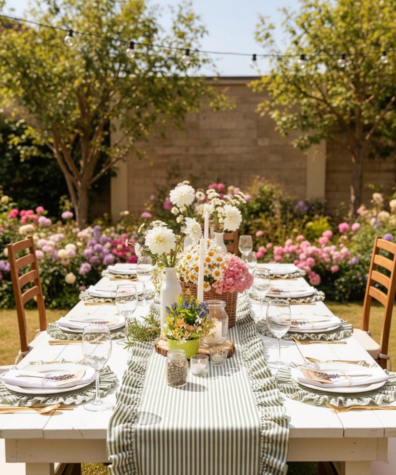 Peut inclure: Une table de salle &agrave; manger ext&eacute;rieure joliment dress&eacute;e avec des assiettes blanches, des verres et des couverts. La table est d&eacute;cor&eacute;e d'un chemin de table &agrave; rayures vertes et blanches, de compositions florales et de bougies. Le cadre est un jardin avec des arbres et des fleurs.