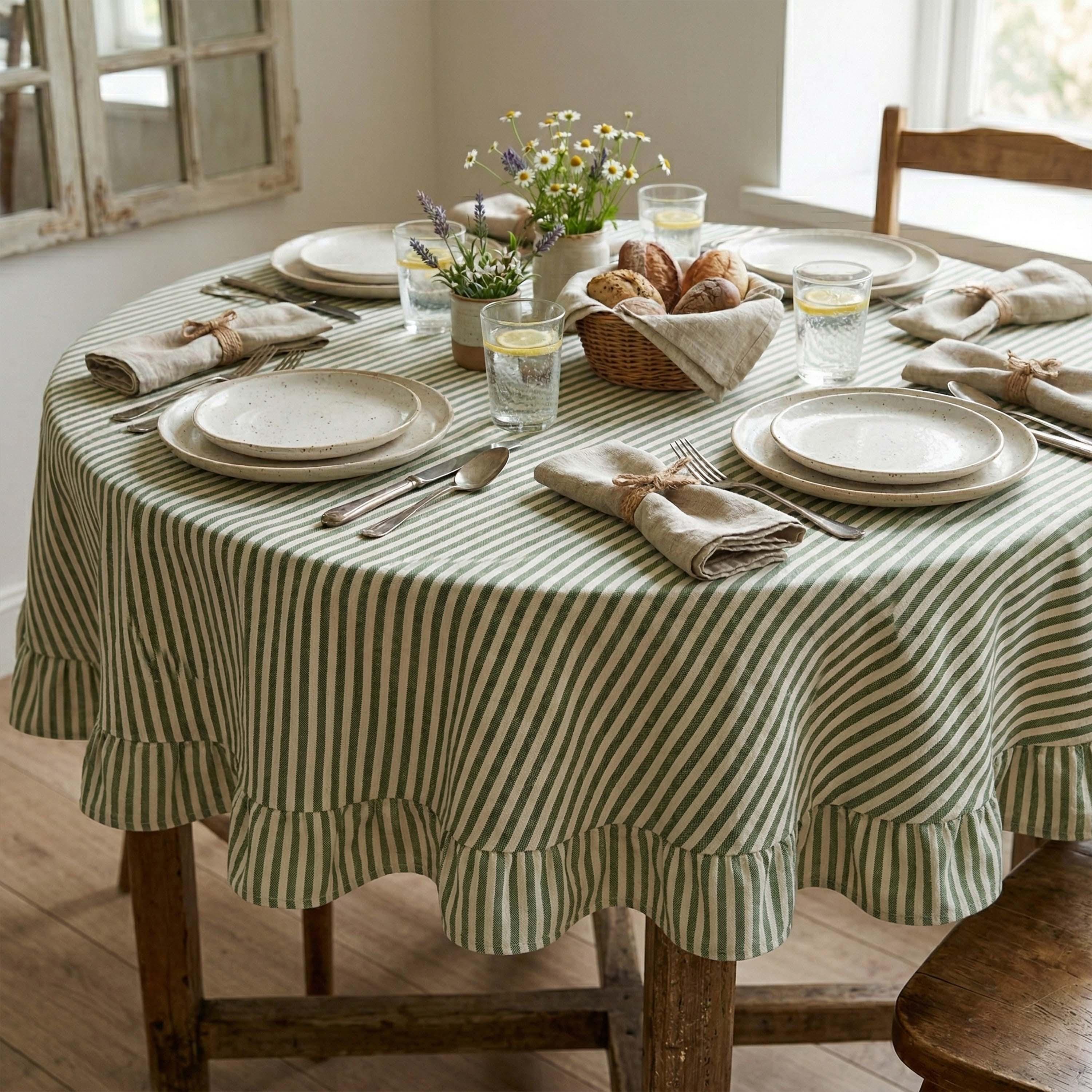 Circle Ruffle Tablecloth Green Striped Round Tablecloth, Ruffle Linen Cotton Table Cover, Custom ...
